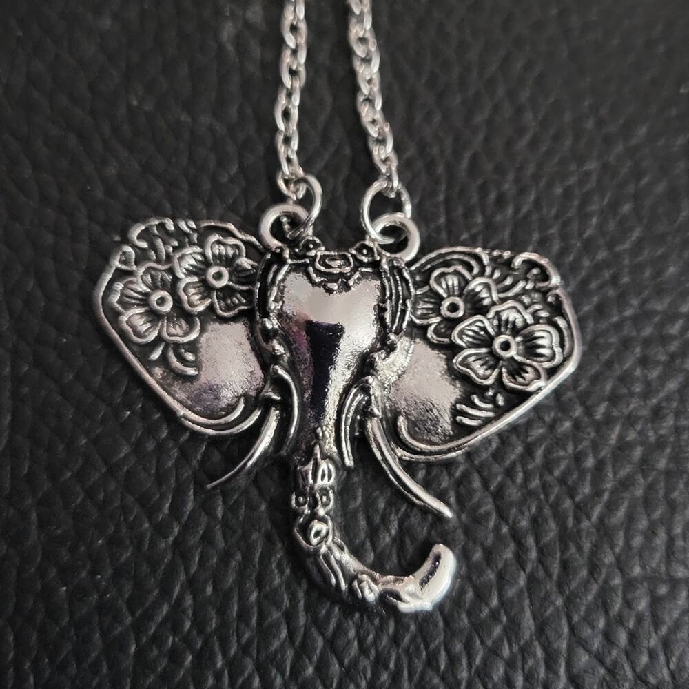 Elephant floral filigree boho silver tone necklace